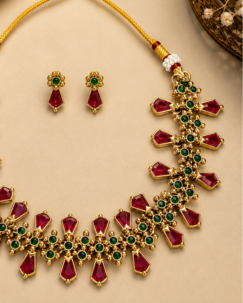 Gold-plated statement necklace and matching drop earrings set with red teardrop-cut stones and green round stones, arranged on a beige surface with gold fabric and dried floral props.