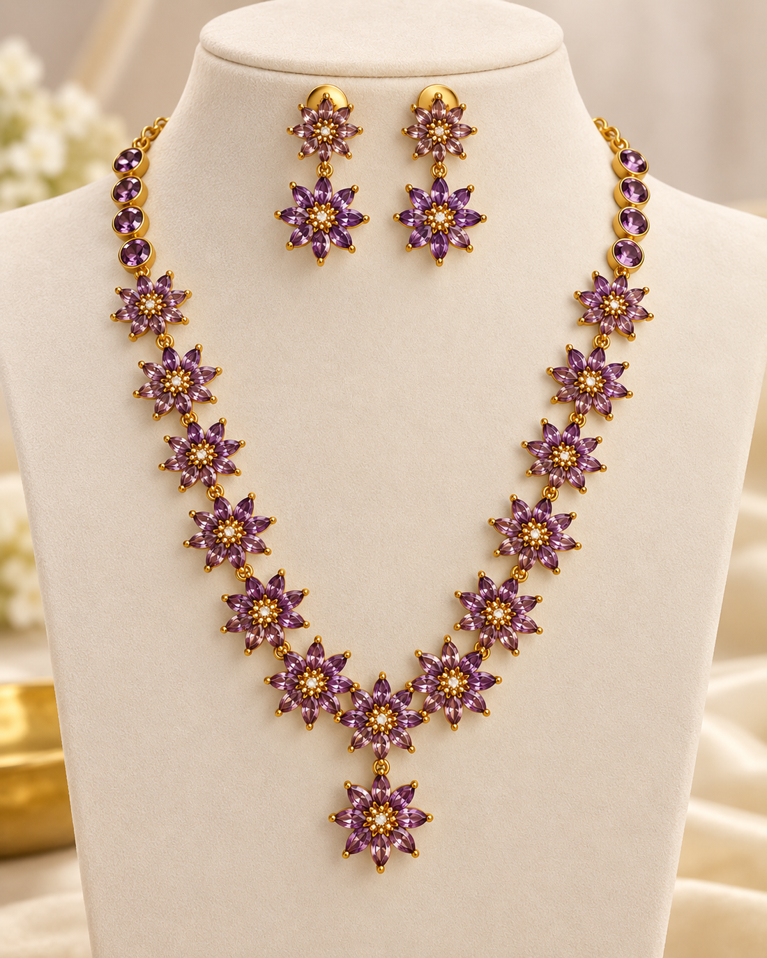 Purple Floral Stone Necklace Set | ONK248