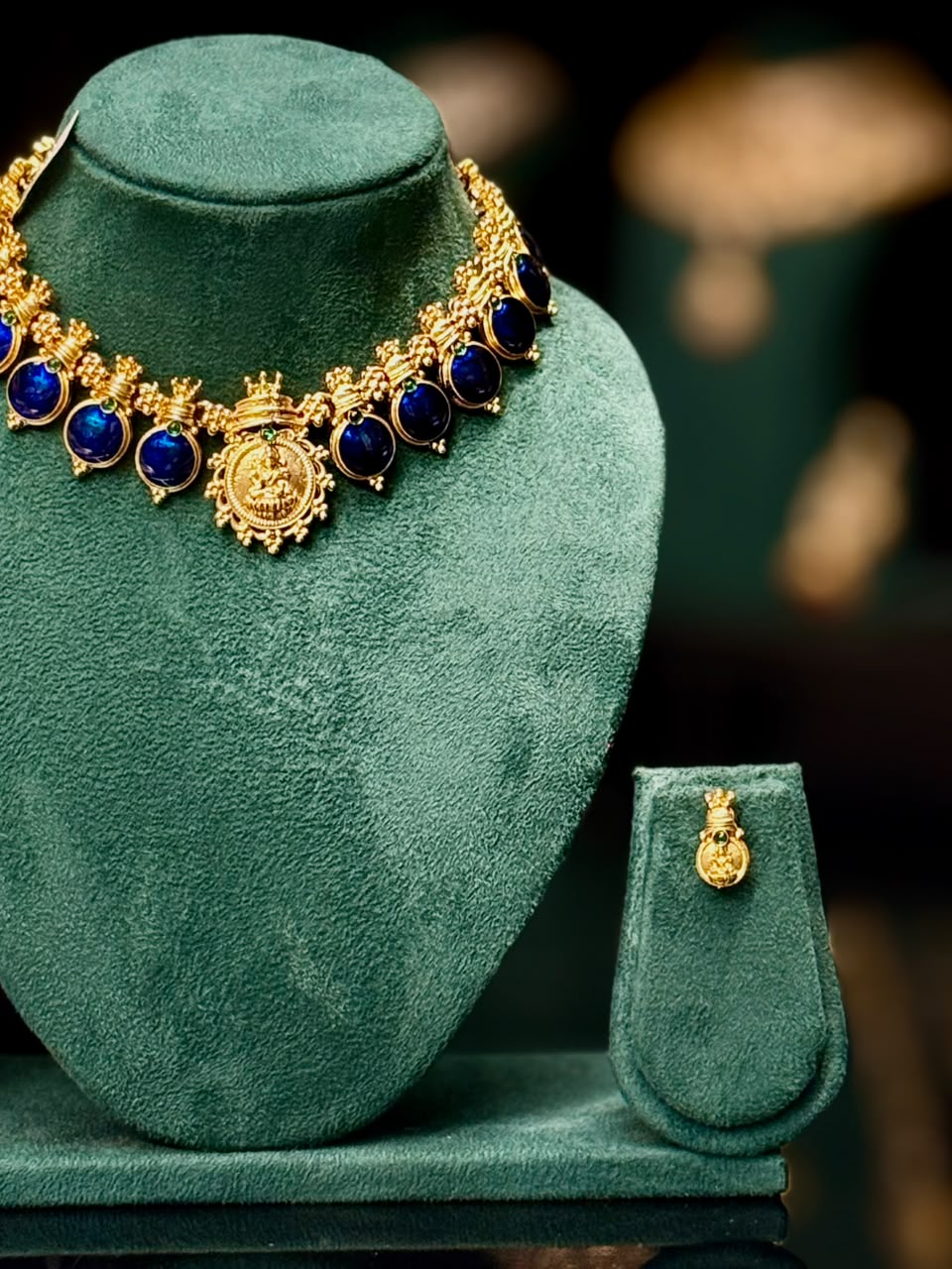 Antique Gold Lakshmi Coin Choker with Green Stone Drops & Earrings | ONK256/NKT240