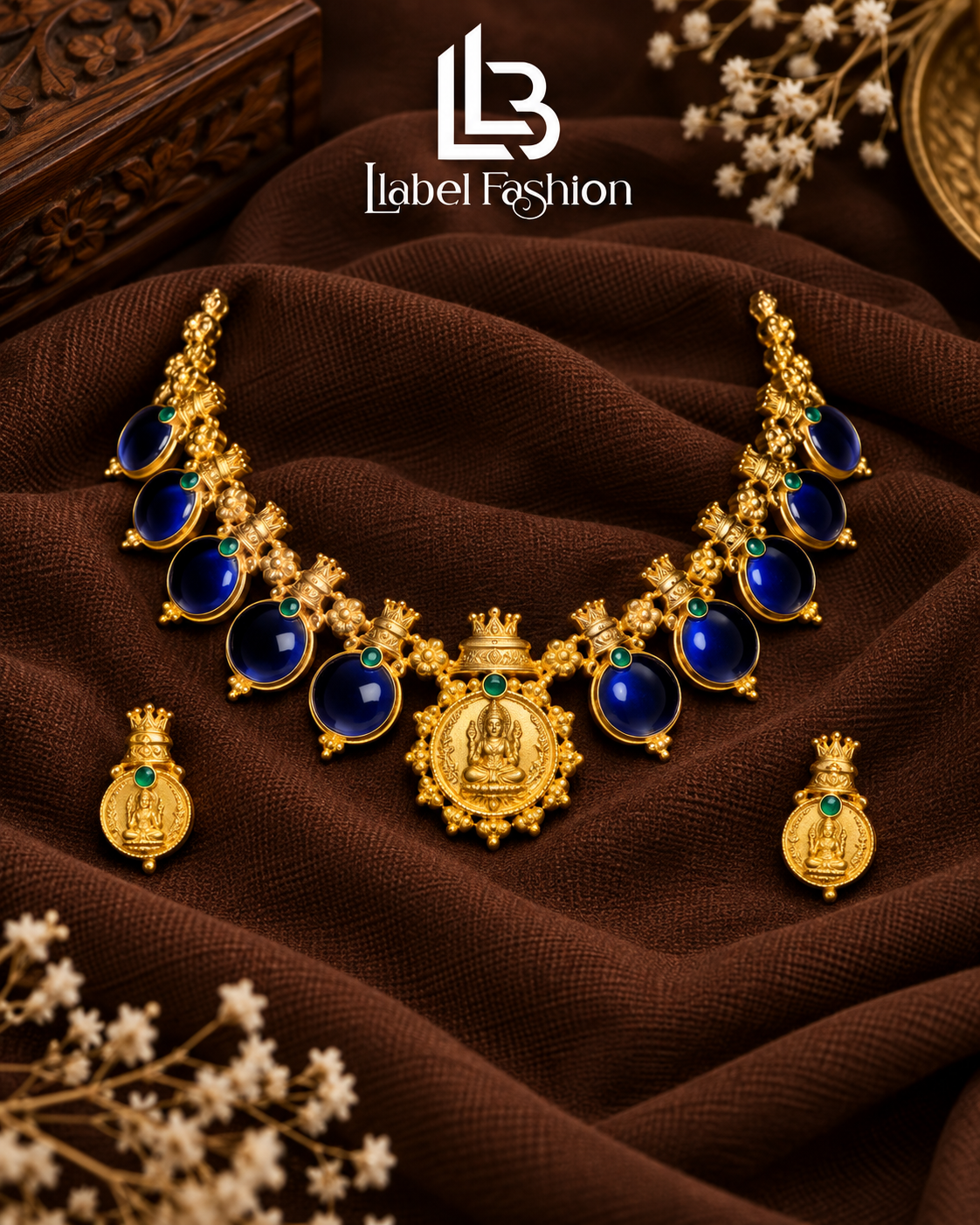 Antique Gold Lakshmi Coin Choker with Green Stone Drops & Earrings | ONK256/NKT240