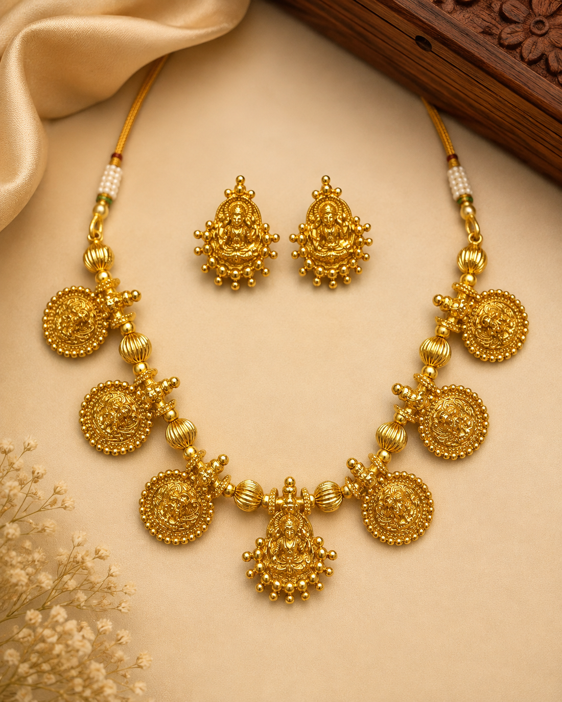 A woman wearing a traditional gold necklace with circular motifs and a matching beige saree, shown in a warm, elegant indoor setting.