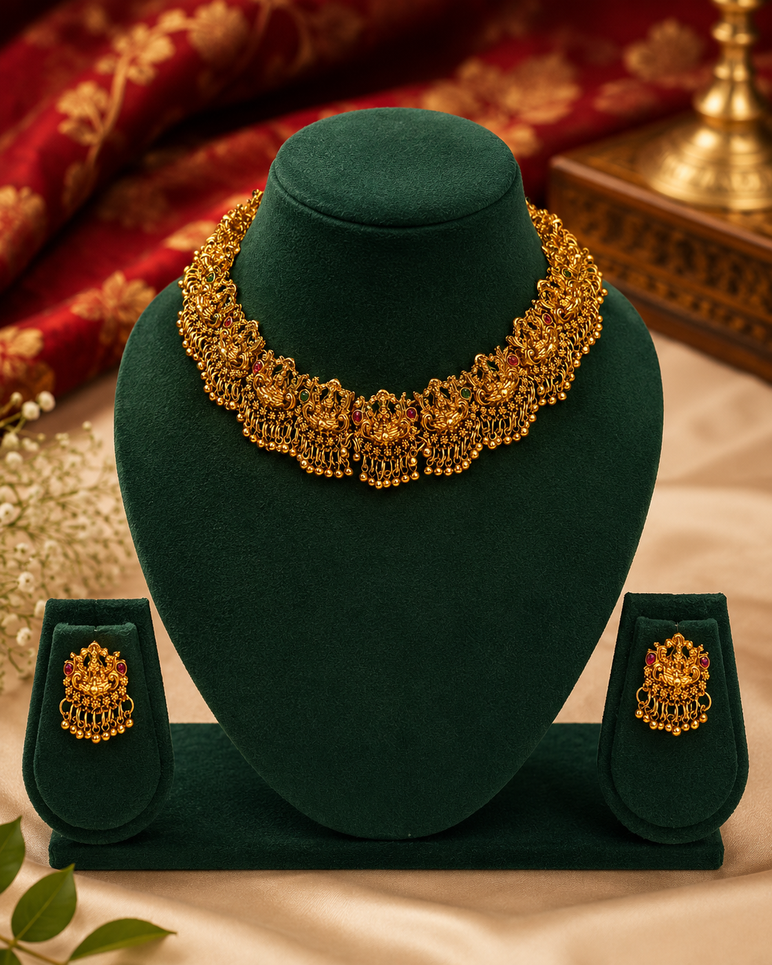 Gold-toned traditional jewelry set displayed on a dark green velvet stand, including a necklace and matching earrings, with a red patterned fabric backdrop.