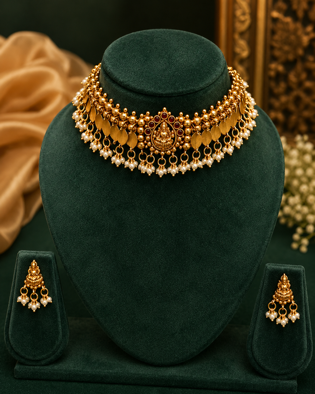 A woman wearing an ornate gold and white pearl traditional Indian choker necklace with a red central accent, paired with a beige saree.