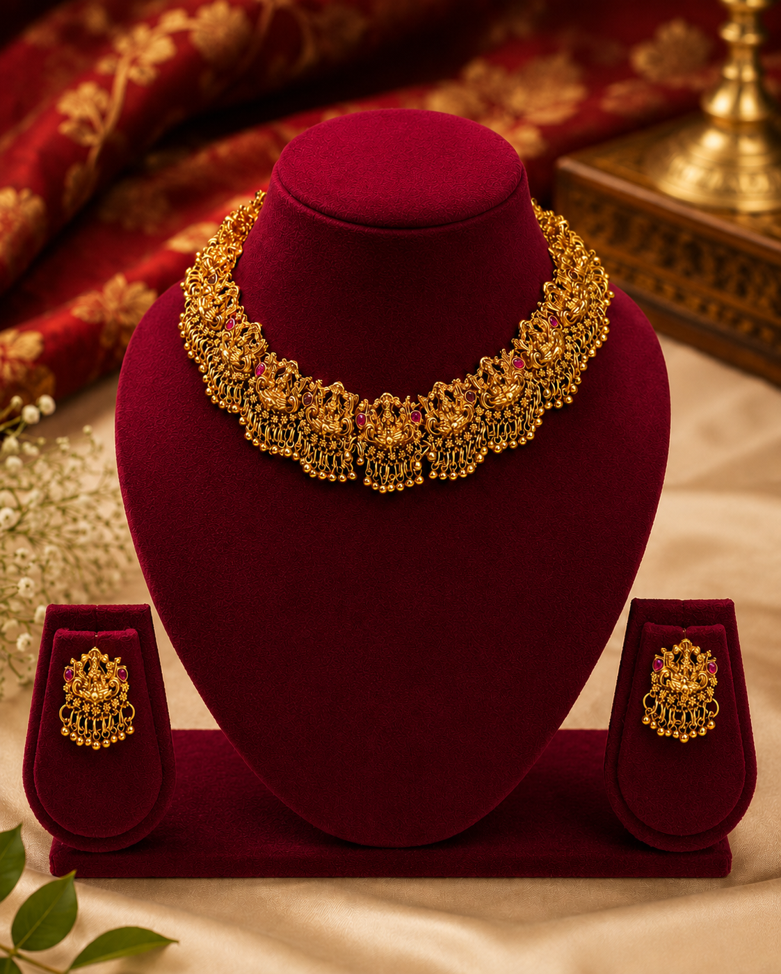 Antique Gold Goddess Lakshmi Peacock Scroll Grand Choker Necklace Set | ONK26