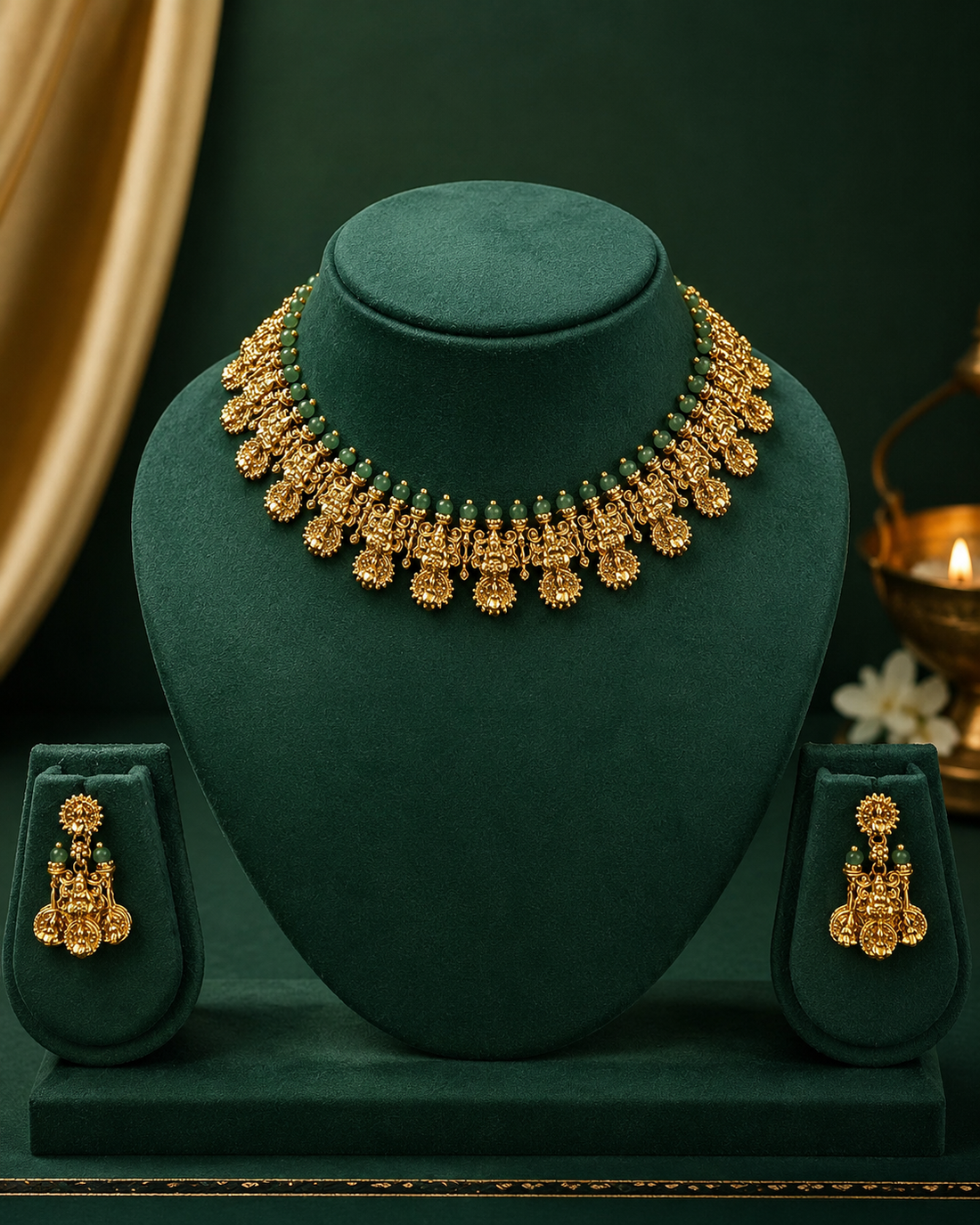 A woman wearing a light sage green saree and matching blouse, styled with a gold-toned traditional necklace and bracelet in an elegant indoor setting.