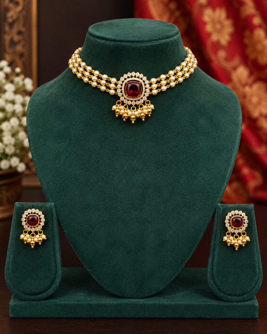 Pearl Stone Choker Necklace Set | ONK272