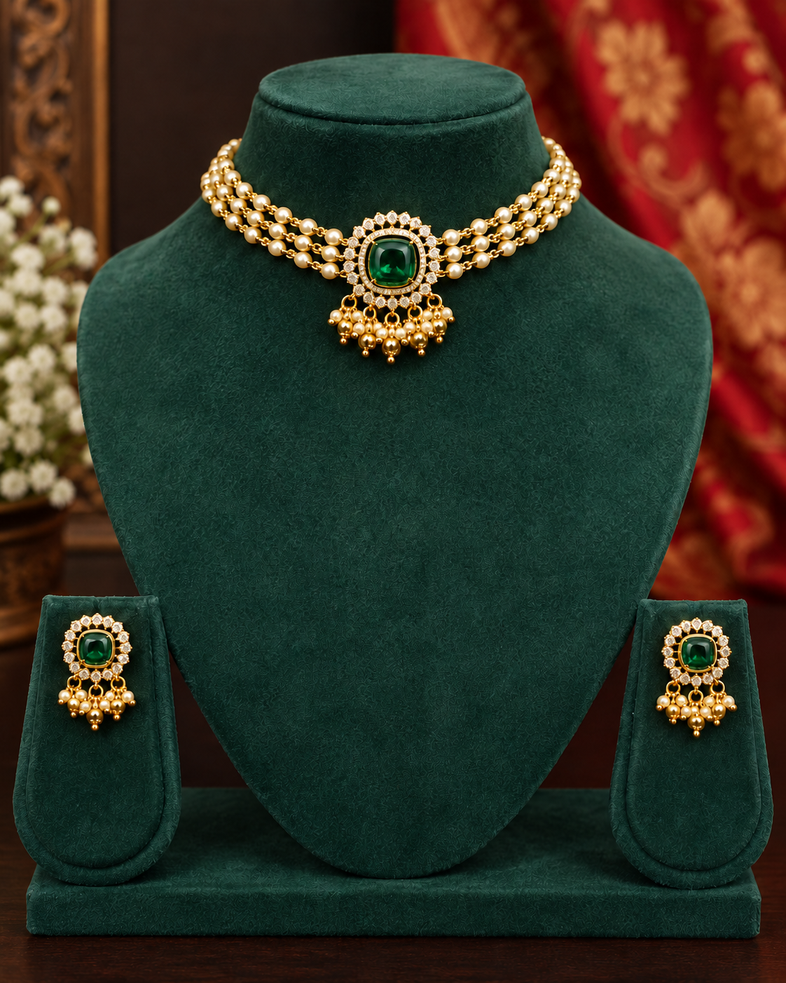 Pearl Stone Choker Necklace Set | ONK272