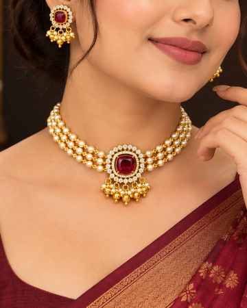 Pearl Stone Choker Necklace Set | ONK272