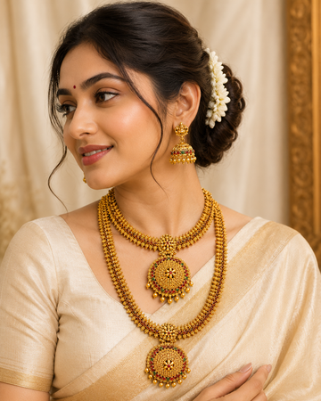 Lakshmi Temple Jhumka Earrings & Kemp Ruby Haaram Choker Set | P5