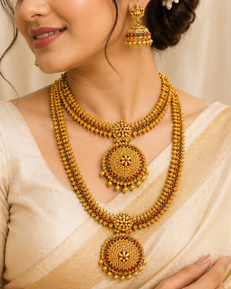Lakshmi Temple Jhumka Earrings & Kemp Ruby Haaram Choker Set | P5
