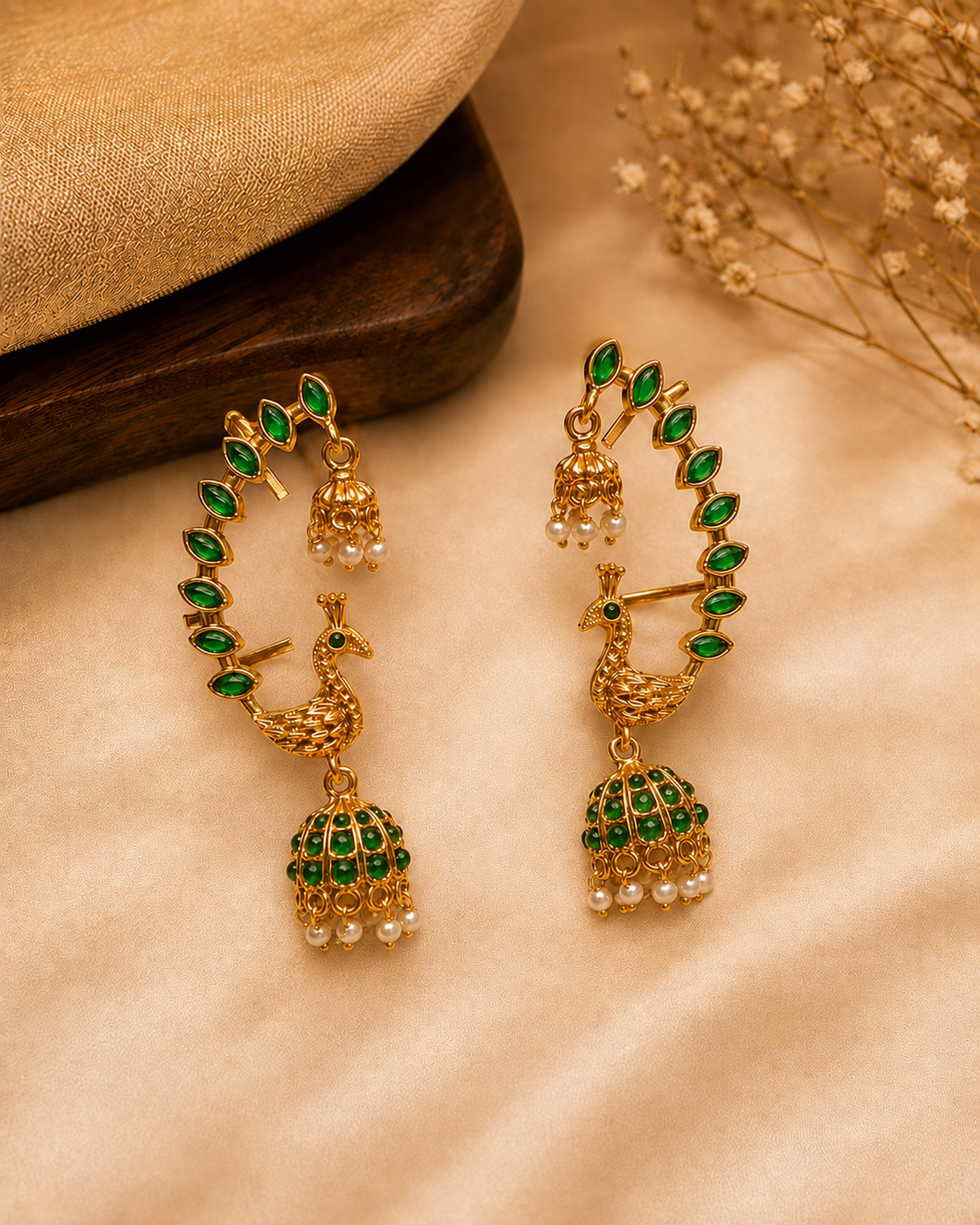 Peacock Jhumka Earrings with Kemp Ruby & Emerald Stones | ONK277