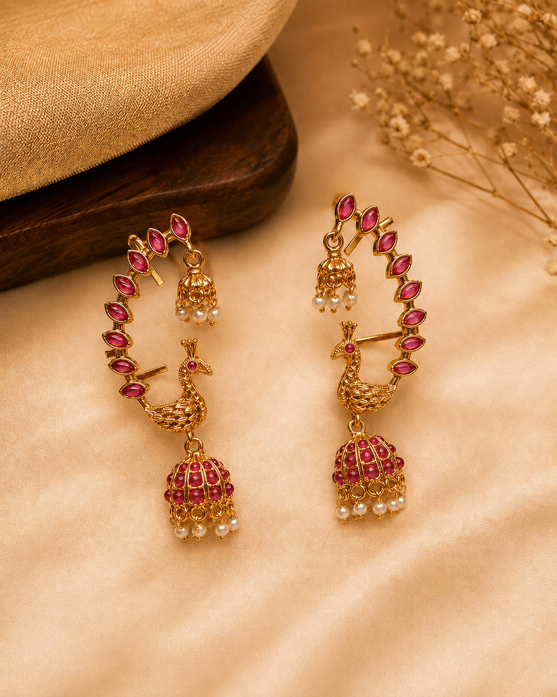 Peacock Jhumka Earrings with Kemp Ruby & Emerald Stones | ONK277