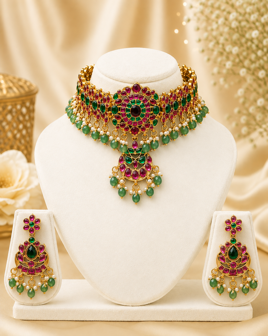 Polki Kundan Bridal Choker Set with Ruby Emerald Stones | ONK278
