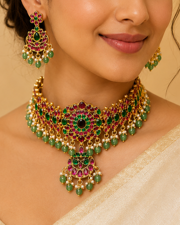 A woman wearing an ornate gold-toned traditional necklace with green and pink stones, matching drop earrings, and a cream-colored sari against a warm, softly lit background.