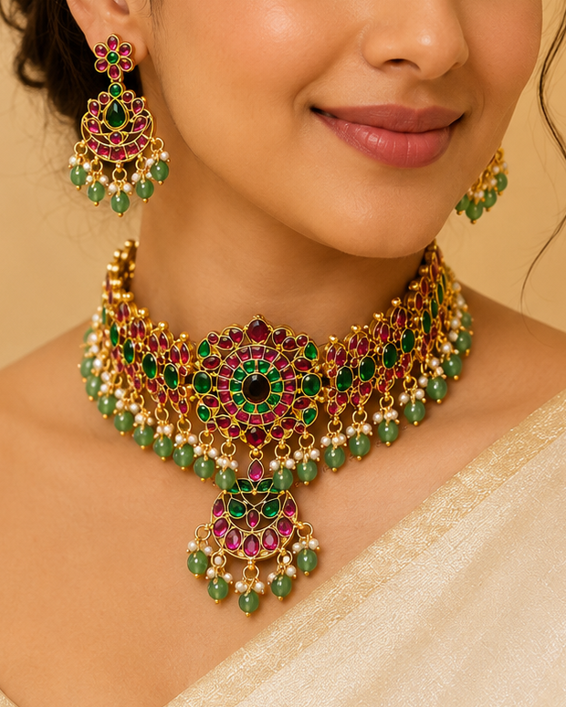 A woman wearing an ornate gold-toned traditional necklace with green and pink stones, matching drop earrings, and a cream-colored sari against a warm, softly lit background.