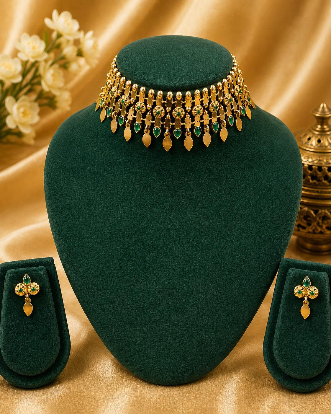 Antique Gold Temple Choker Set with Kemp Stones & Leaf Danglers | ONK279