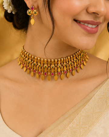 A woman wearing an ornate gold choker necklace with dangling gold beads and red stone accents, paired with matching gold earrings, in a warm golden setting.