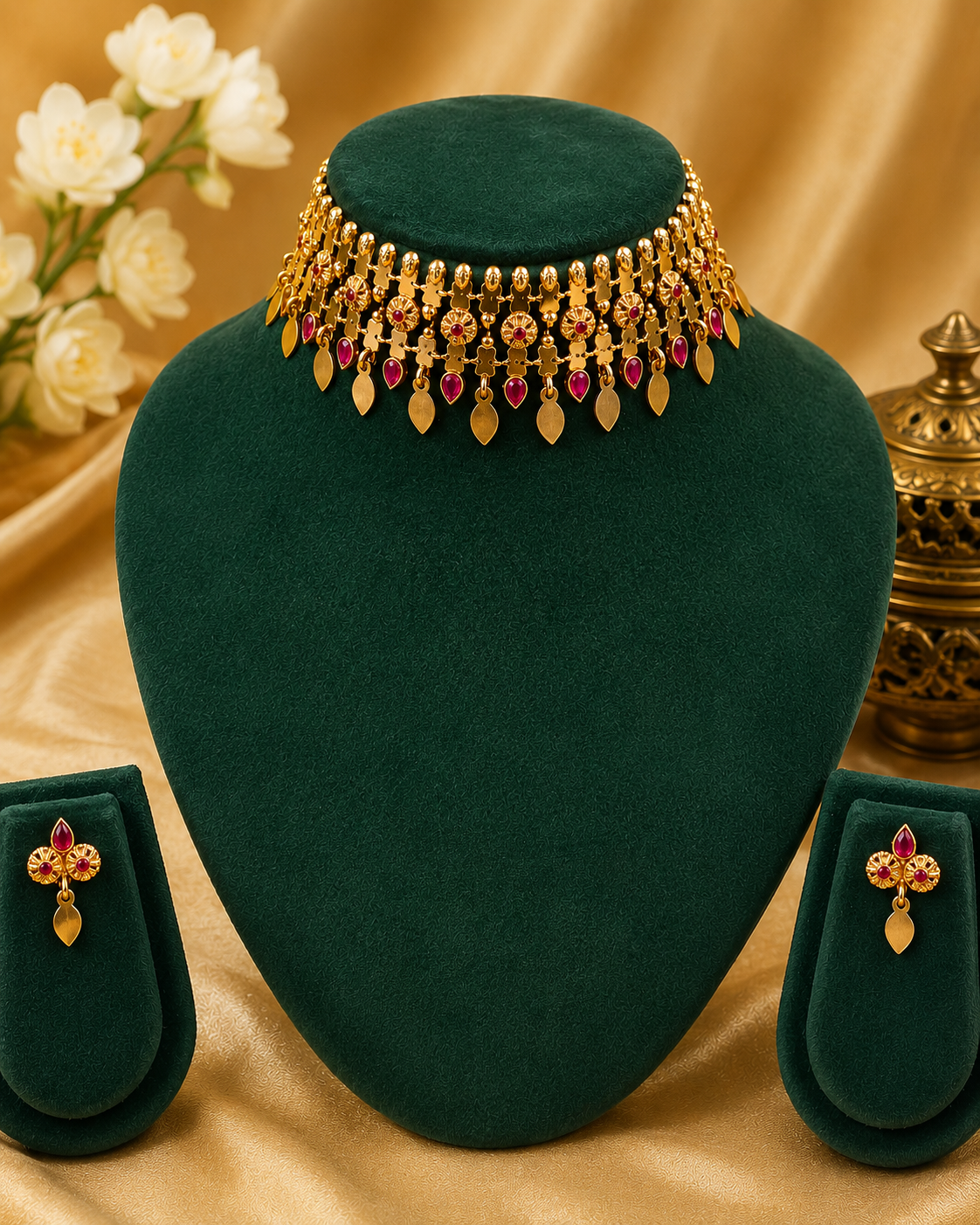 Antique Gold Temple Choker Set with Kemp Stones & Leaf Danglers | ONK279