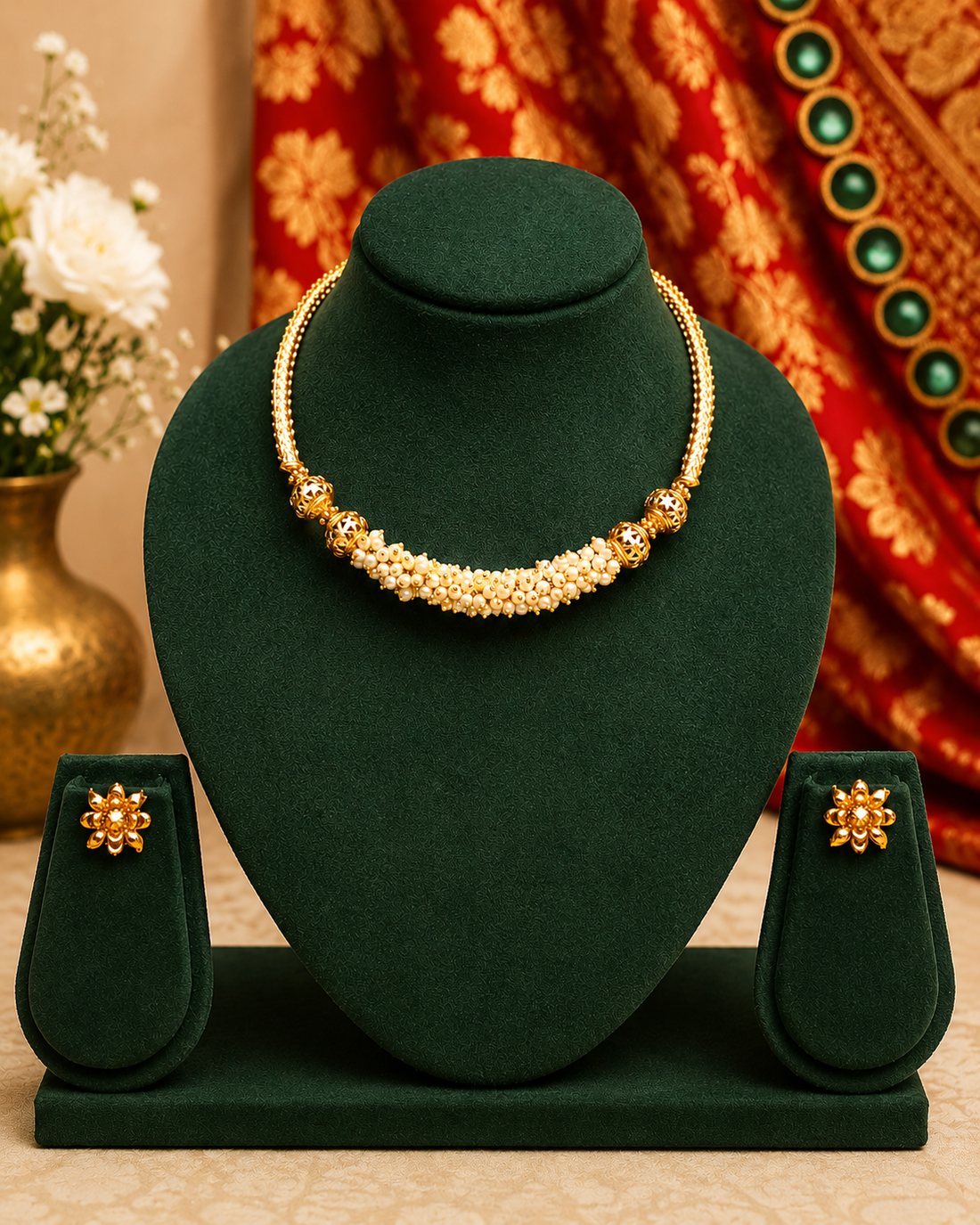 A woman wearing a gold floral choker necklace with small gold and white stones, paired with a green and gold saree. She is shown in a warm, traditional indoor setting with a carved wooden screen in the background.