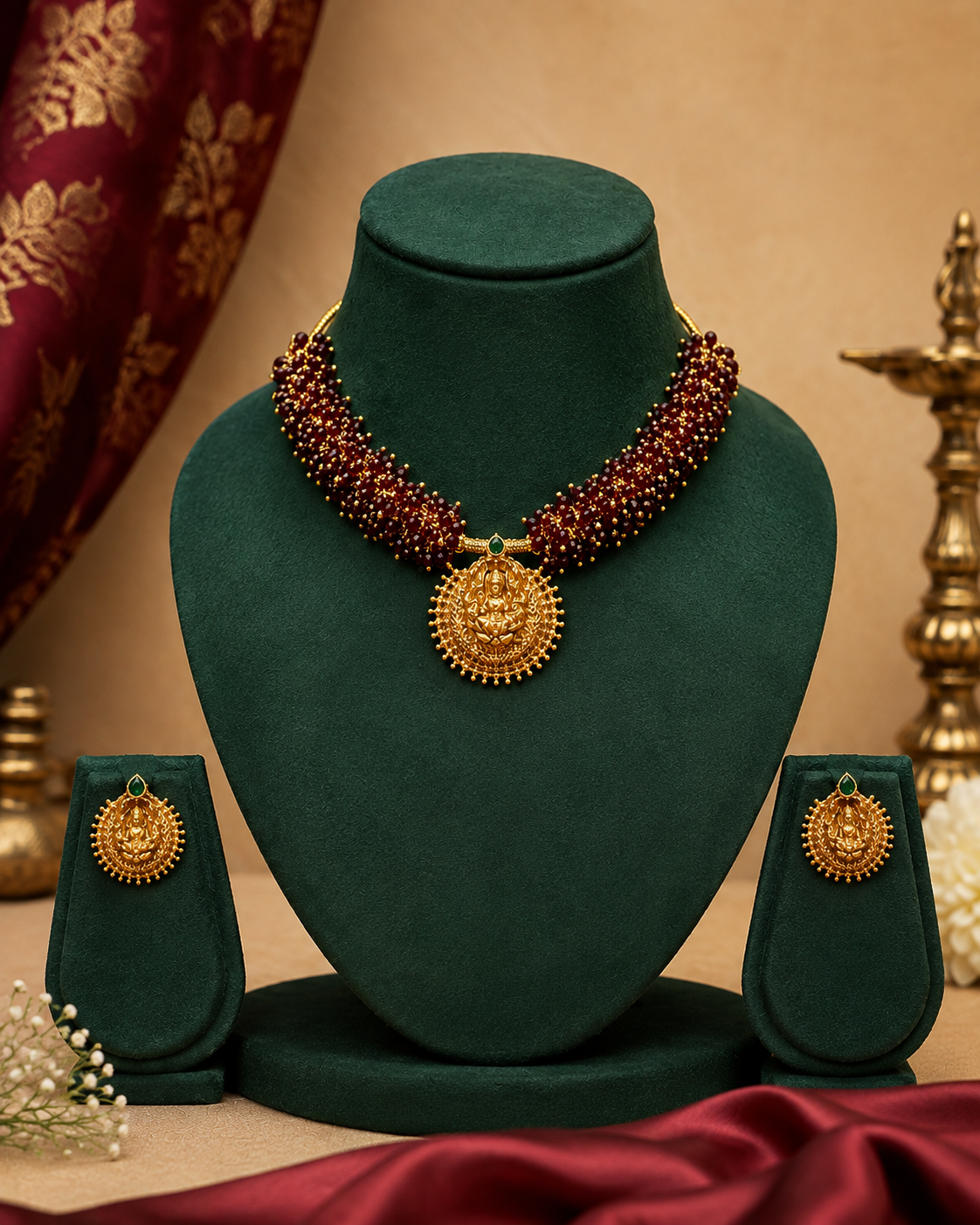 Antique Gold Lakshmi Pendant Ruby Bead Cluster Necklace Set | ONK281