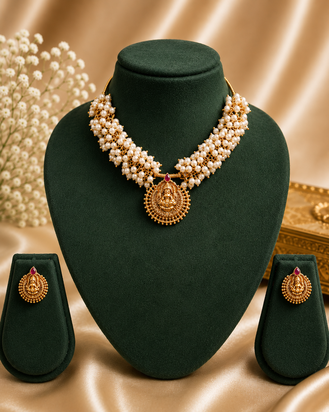 Antique Gold Lakshmi Pendant Ruby Bead Cluster Necklace Set | ONK281