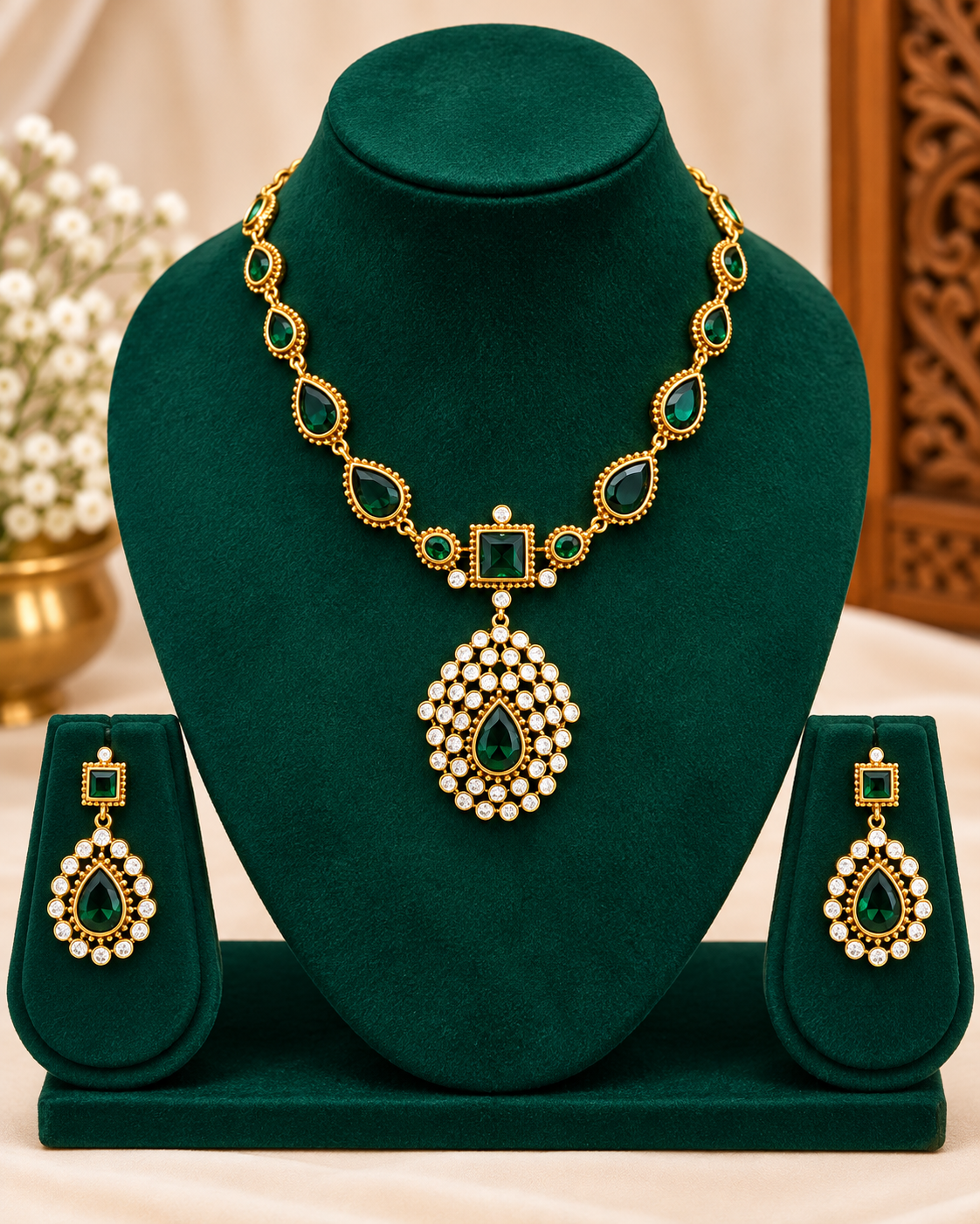 Green Stone Pendant Necklace Set | ONK282