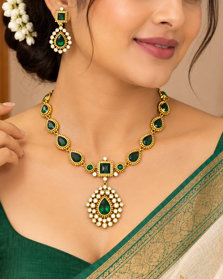 Green Stone Pendant Necklace Set | ONK282