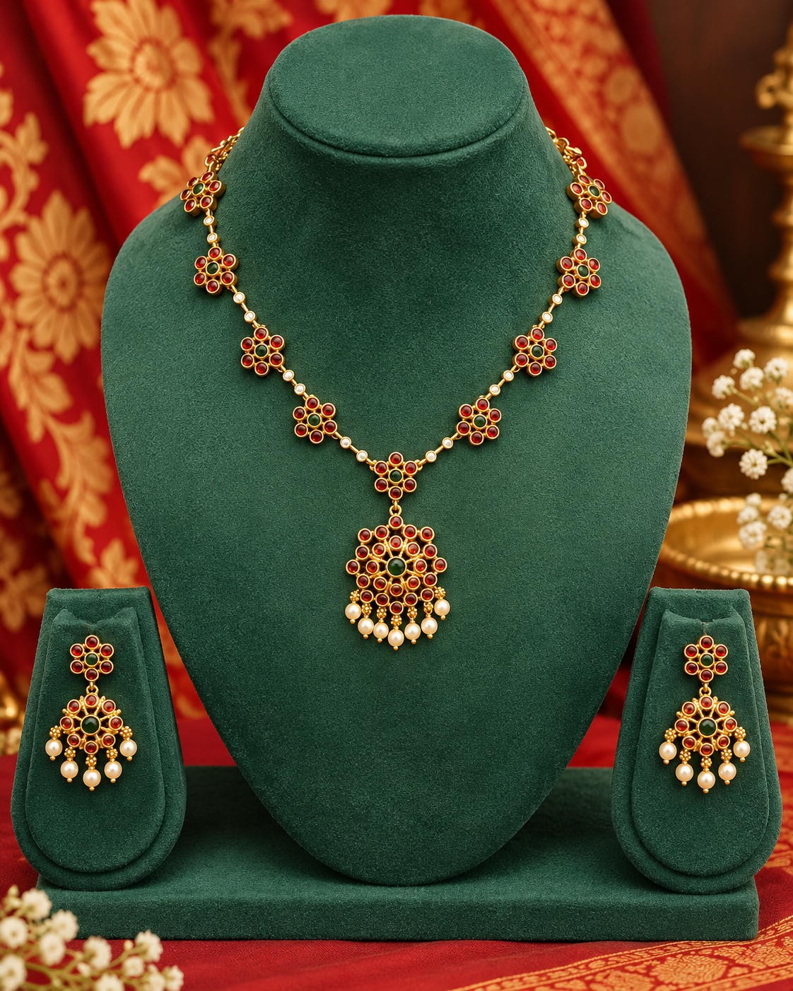 Ruby & Green Floral Necklace Set | ONK285