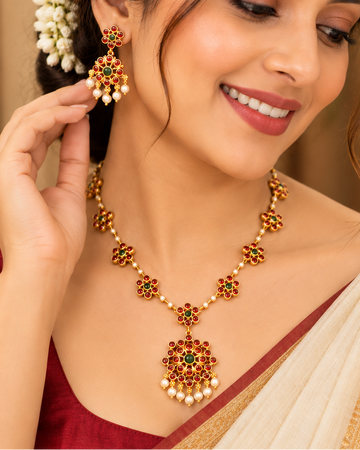 Ruby & Green Floral Necklace Set | ONK285