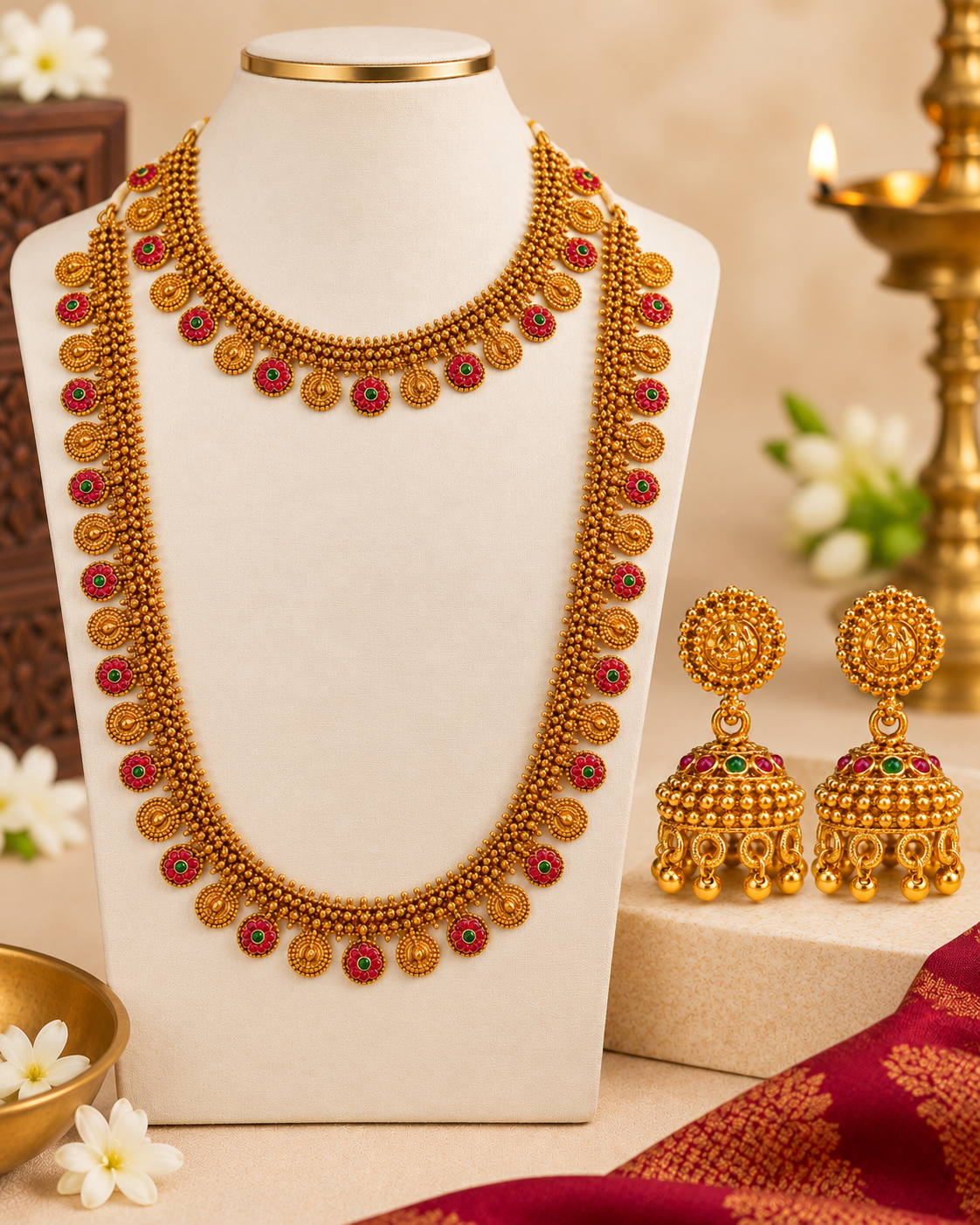 Gold Temple Bridal Necklace& Long chain Set | ONK289