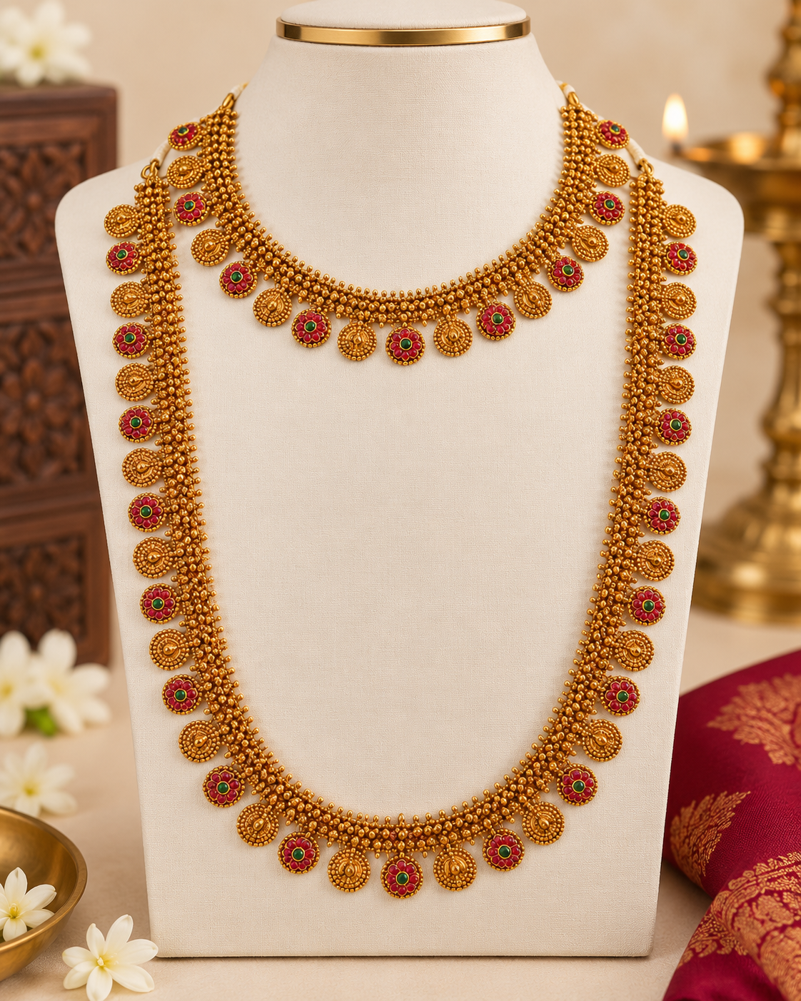 Gold Temple Bridal Necklace& Long chain Set | ONK289