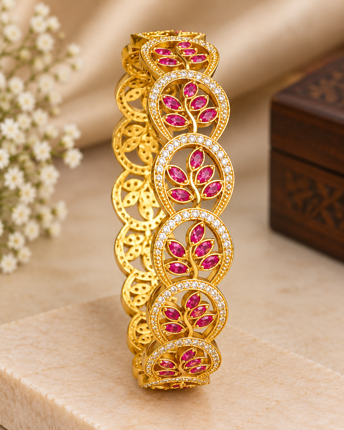 Pink Stone Leaf Bangle | ONK290