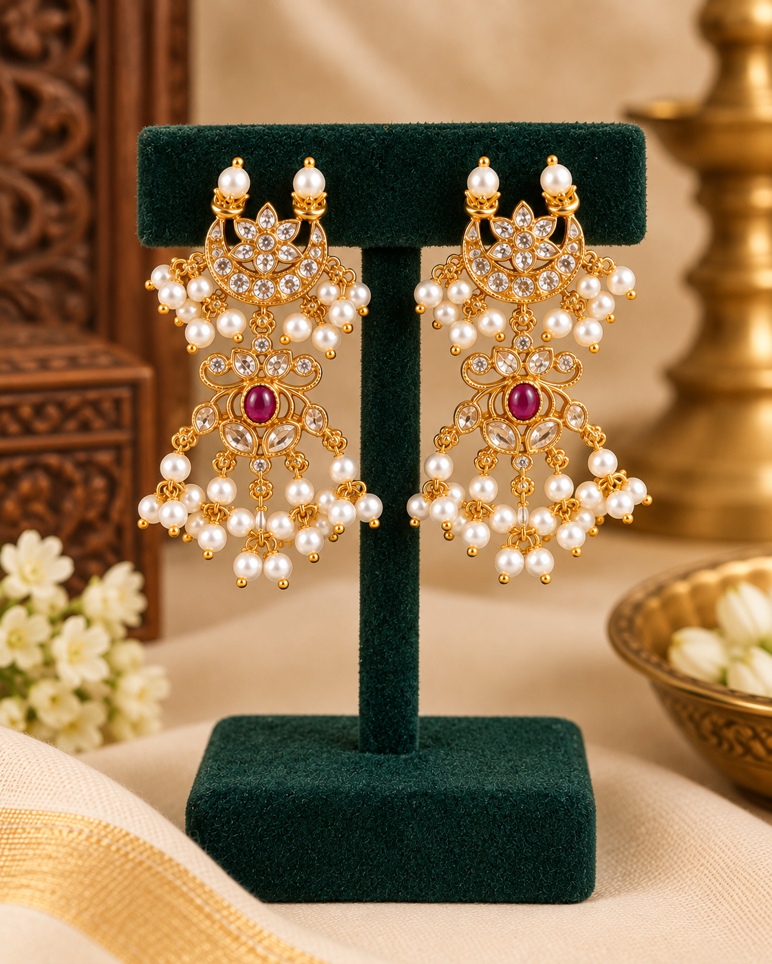 Gold Pearl Bridal Long Chain Set | ONK294