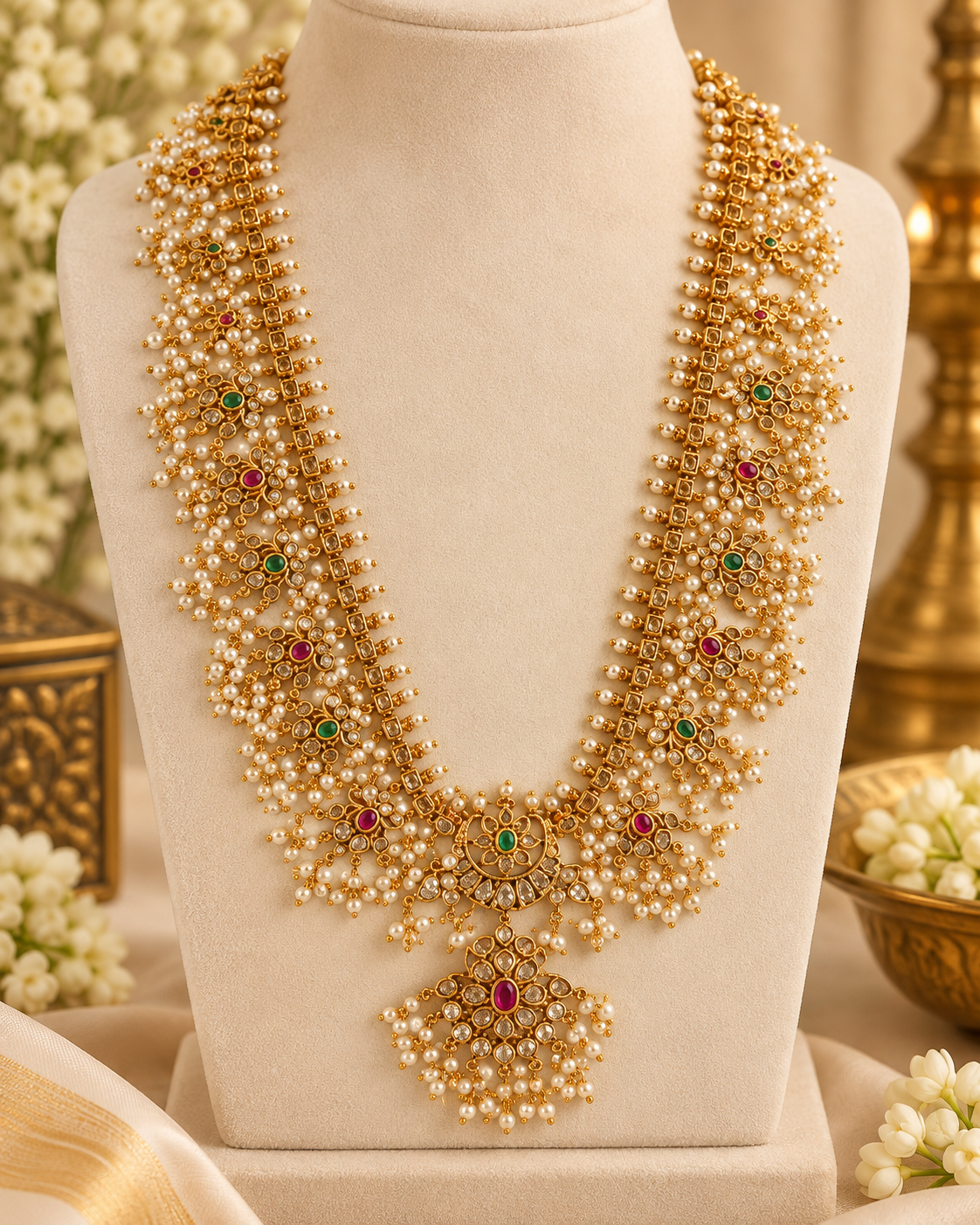 Gold Pearl Bridal Long Chain Set | ONK294