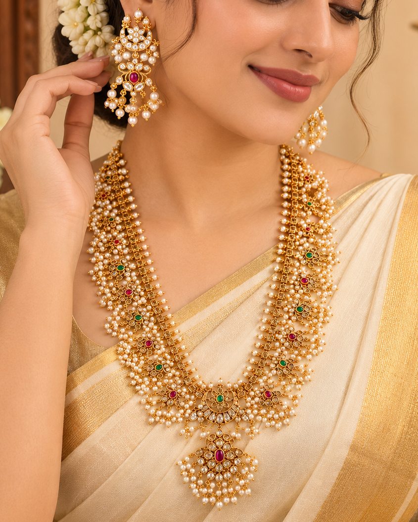 Gold Pearl Bridal Long Chain Set | ONK294