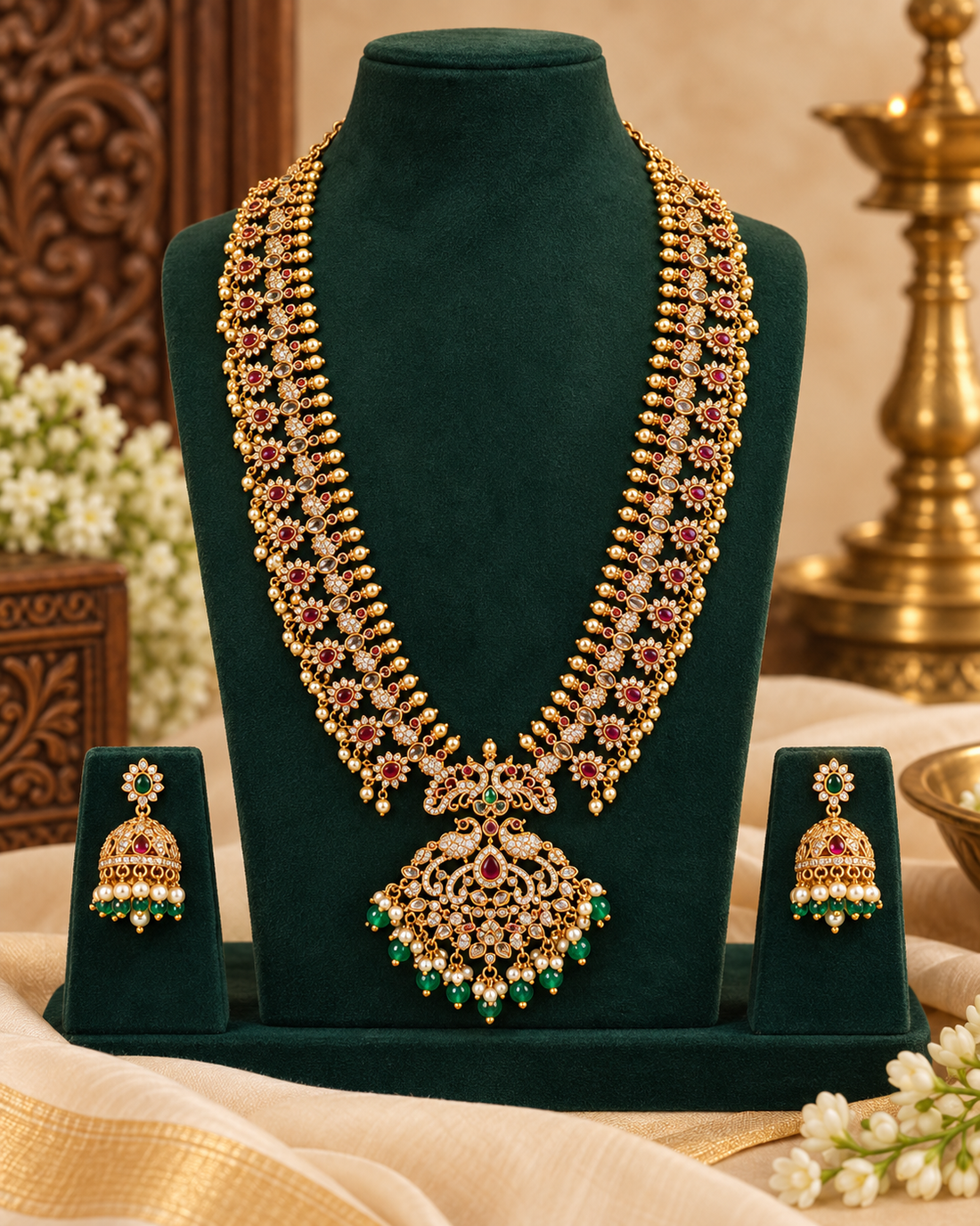 Ruby Green Bridal Long Chain Set | ONK295