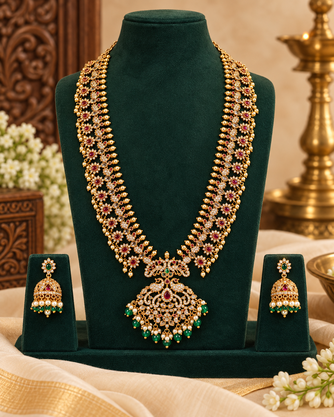 Ruby Green Bridal Long Chain Set | ONK295