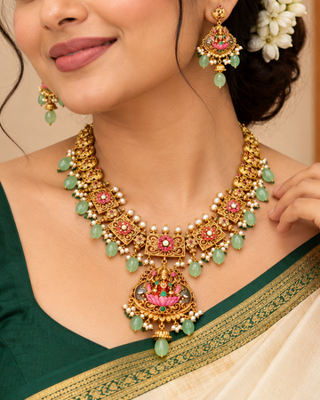Antique Gold Lakshmi Necklace Set |  ONK296