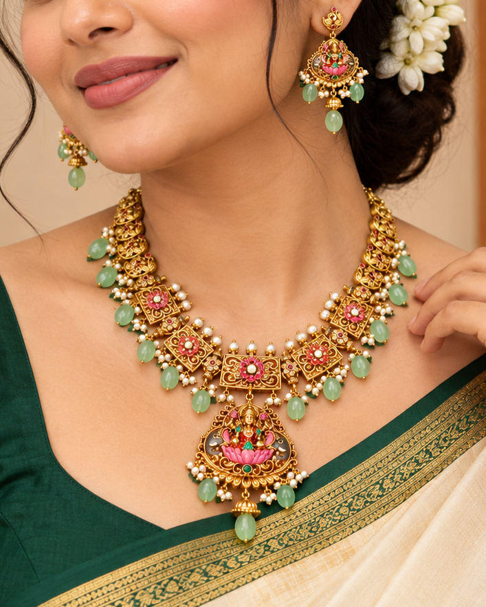 Antique Gold Lakshmi Necklace Set |  ONK296