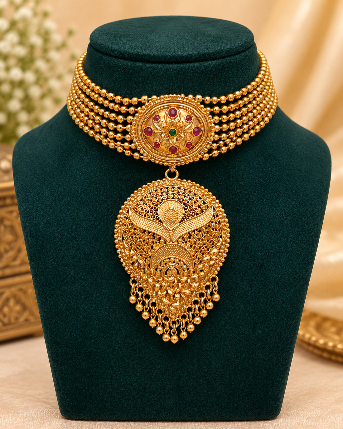 A woman wearing an ornate layered gold necklace set with a large pendant, matching earrings, and a deep purple saree with gold zari detailing.