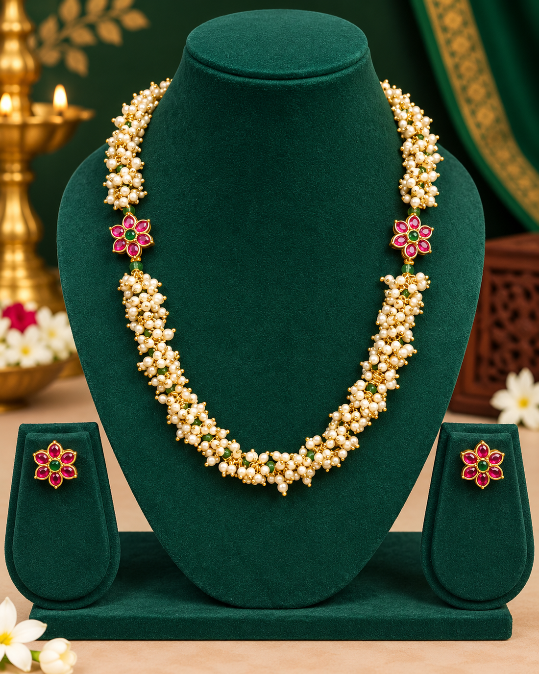 Pink Green Pearl Necklace Set | ONK307