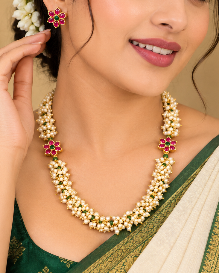 Pink Green Pearl Necklace Set | ONK307