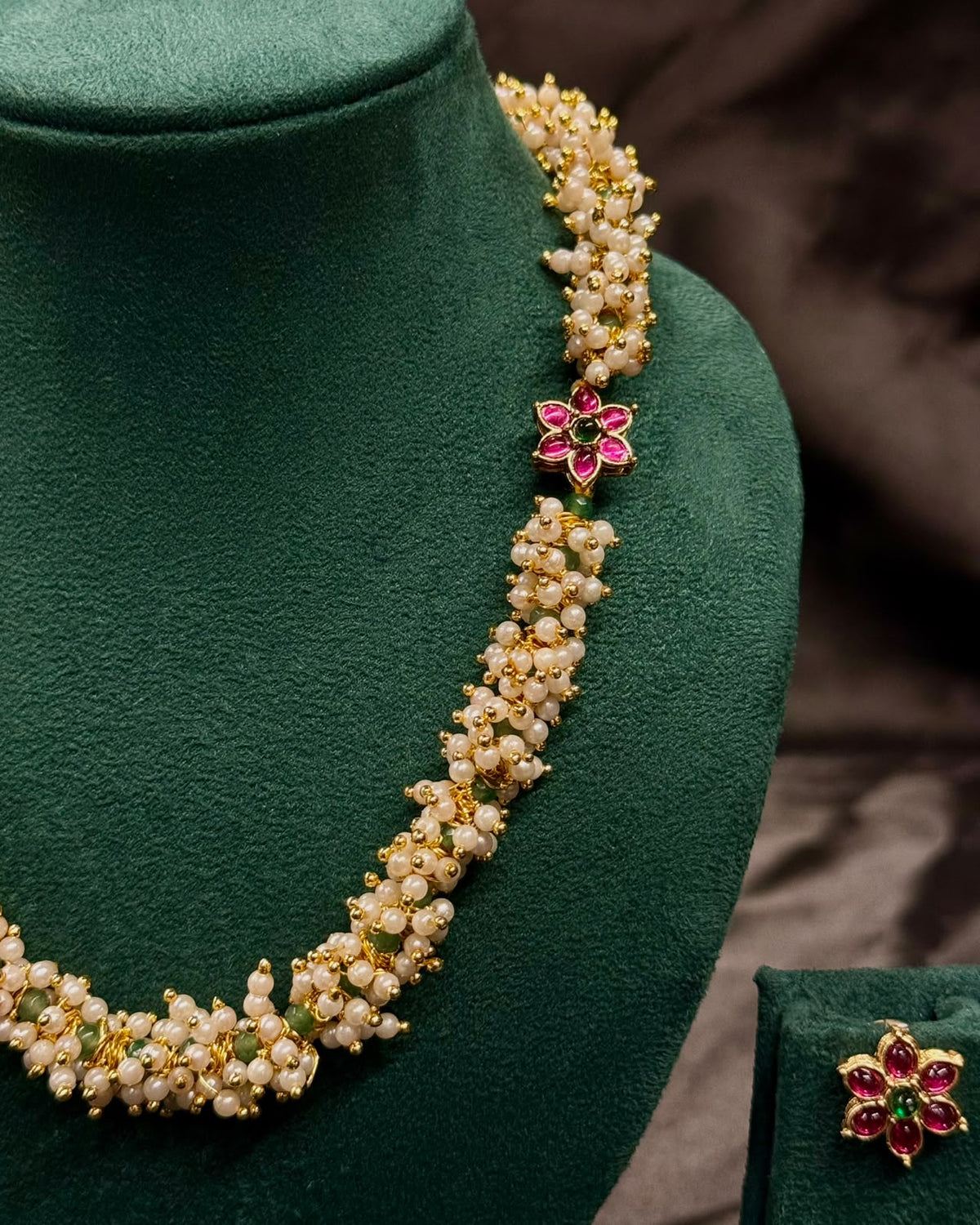 Pink Green Pearl Necklace Set | ONK307