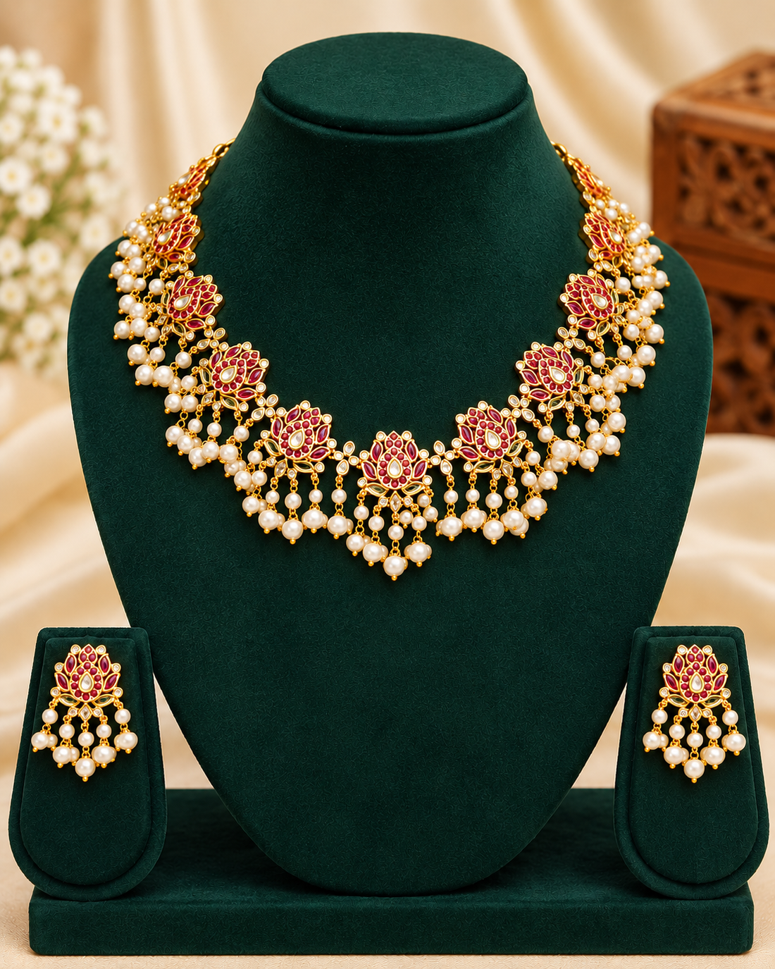 Ruby Lotus Pearl Drop Necklace Set | ONK317
