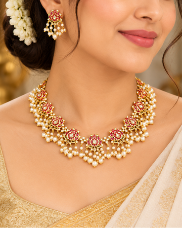 Ruby Lotus Pearl Drop Necklace Set | ONK317