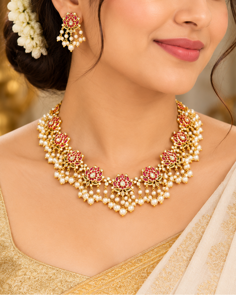 Ruby Lotus Pearl Drop Necklace Set | ONK317