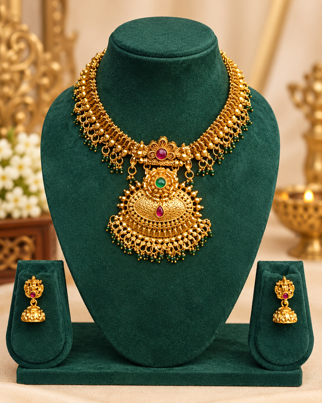 Ruby Green Temple Necklace Set | ONK320