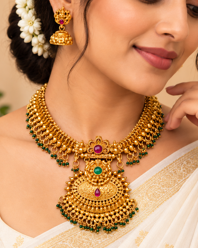 Ruby Green Temple Necklace Set | ONK320