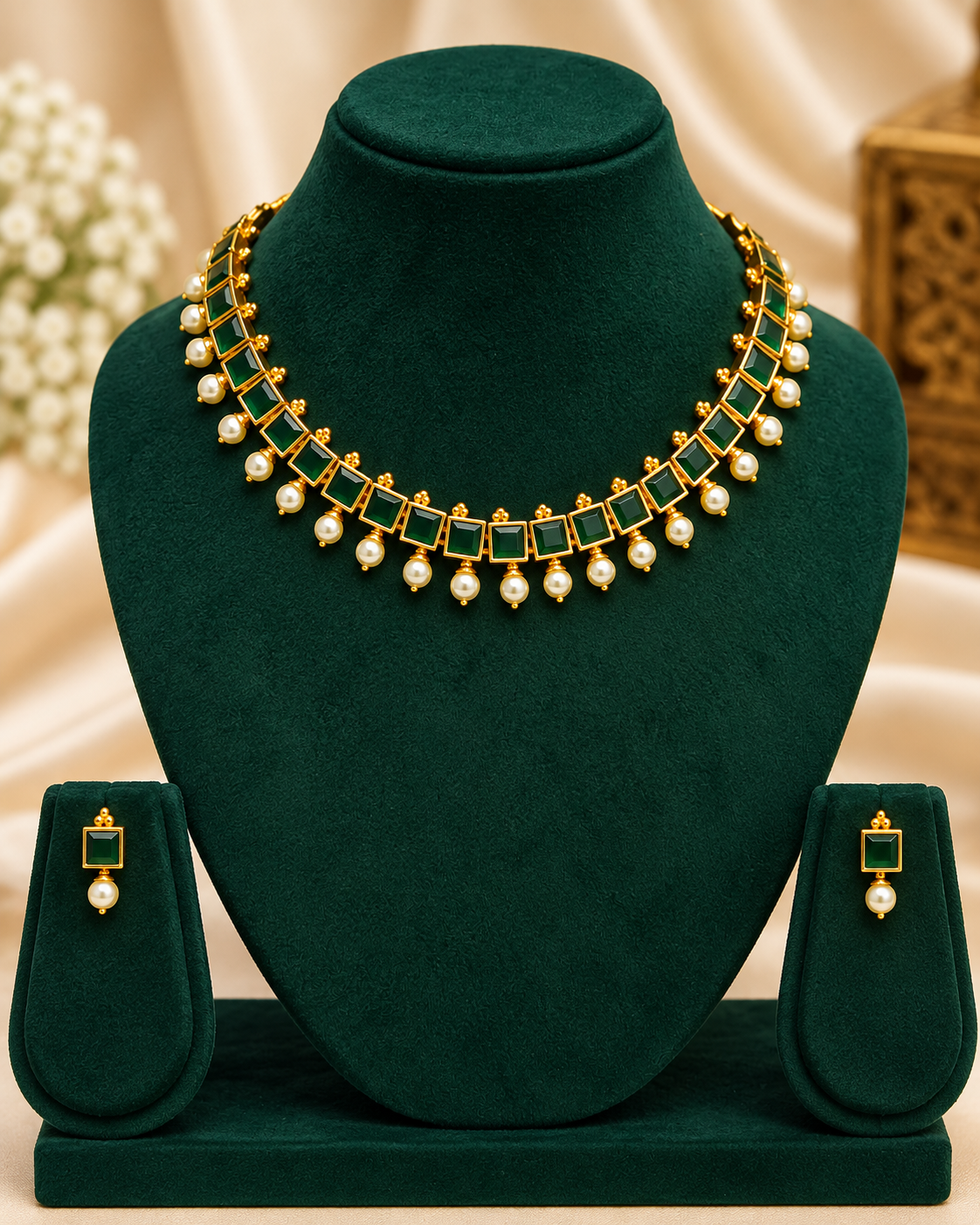 Square Stone Pearl Drop Necklace Set | ONK322