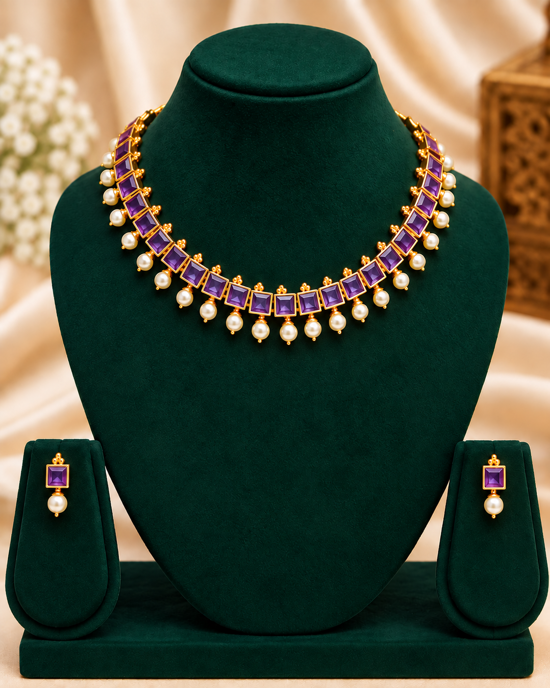 Square Stone Pearl Drop Necklace Set | ONK322